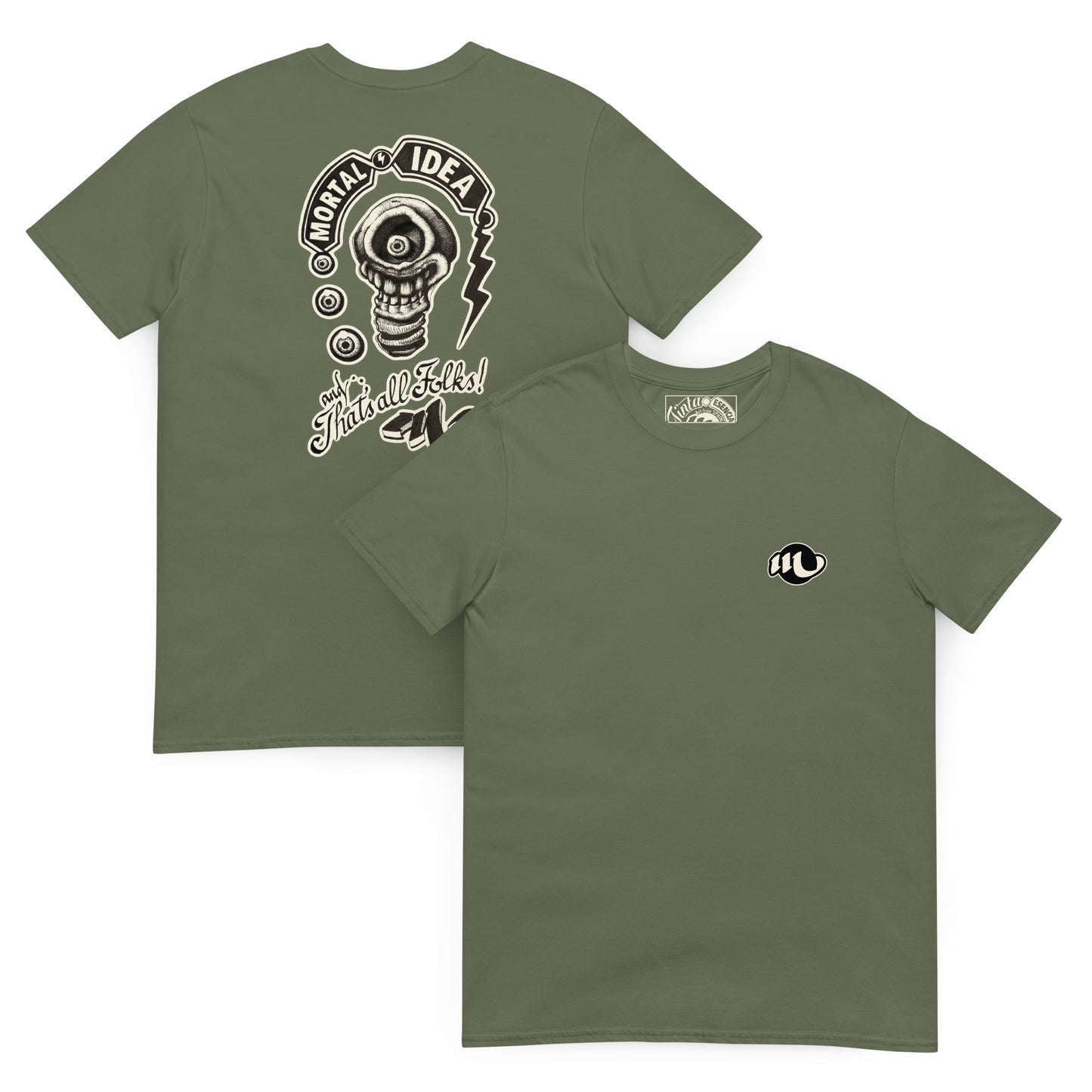 camiseta por delante y por detrás color verde oliva con ilustración a la espalda de una calavera con forma de bombilla denominada mortal idea en la espalda y la frase that's all folks