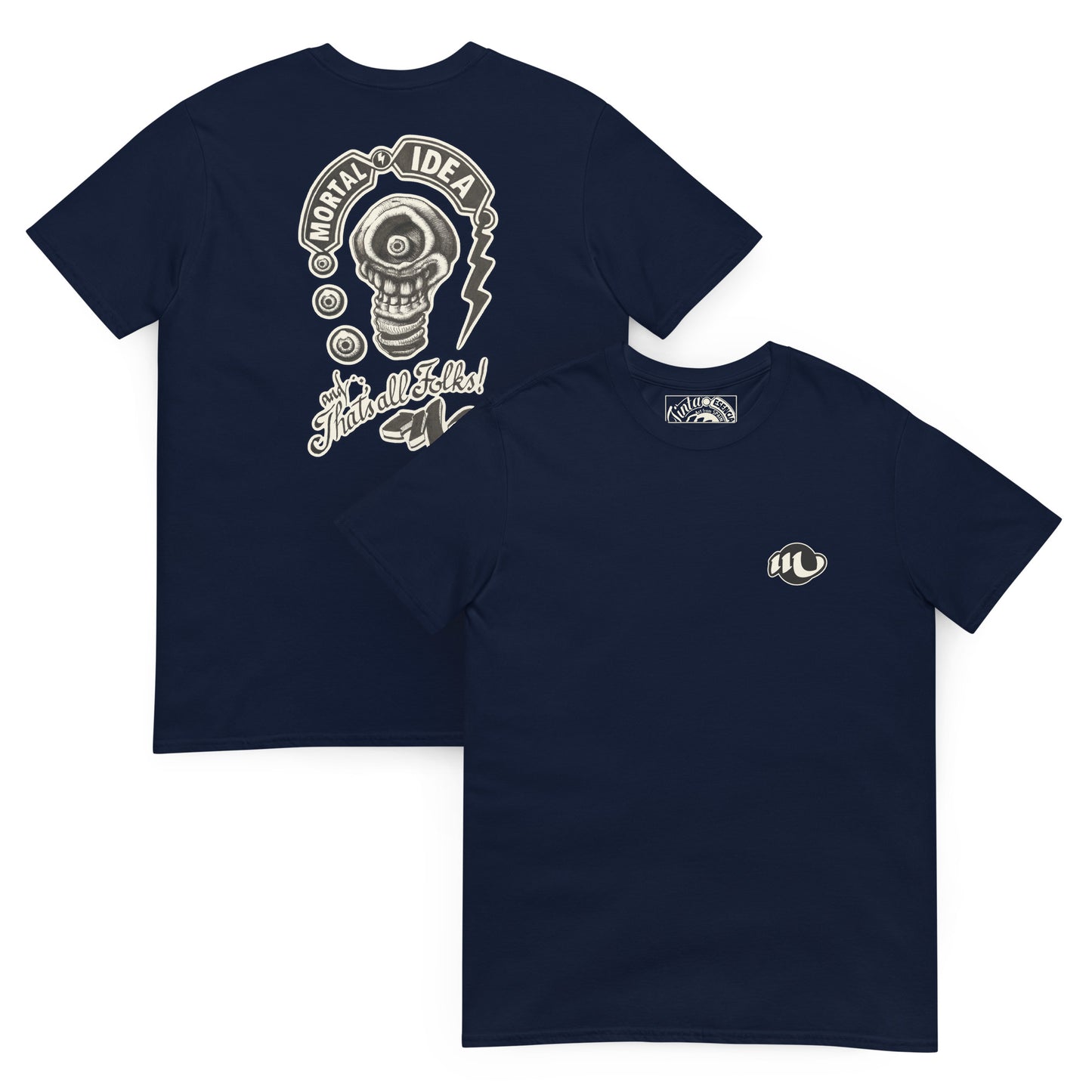 camiseta por delante y por detrás color azul marino con ilustración a la espalda de una calavera con forma de bombilla denominada mortal idea en la espalda y la frase that's all folks