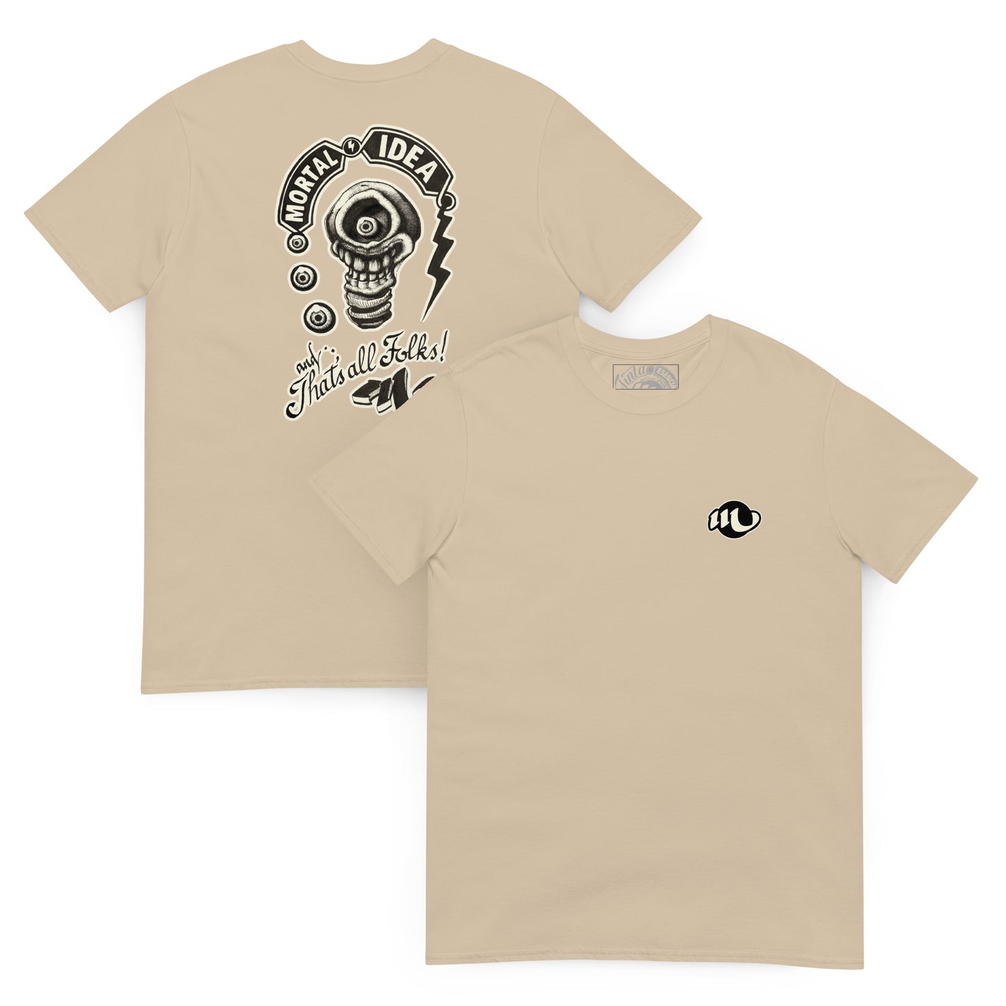 camiseta por delante y por detrás color arena con ilustración a la espalda de una calavera con forma de bombilla denominada mortal idea en la espalda y la frase that's all folks