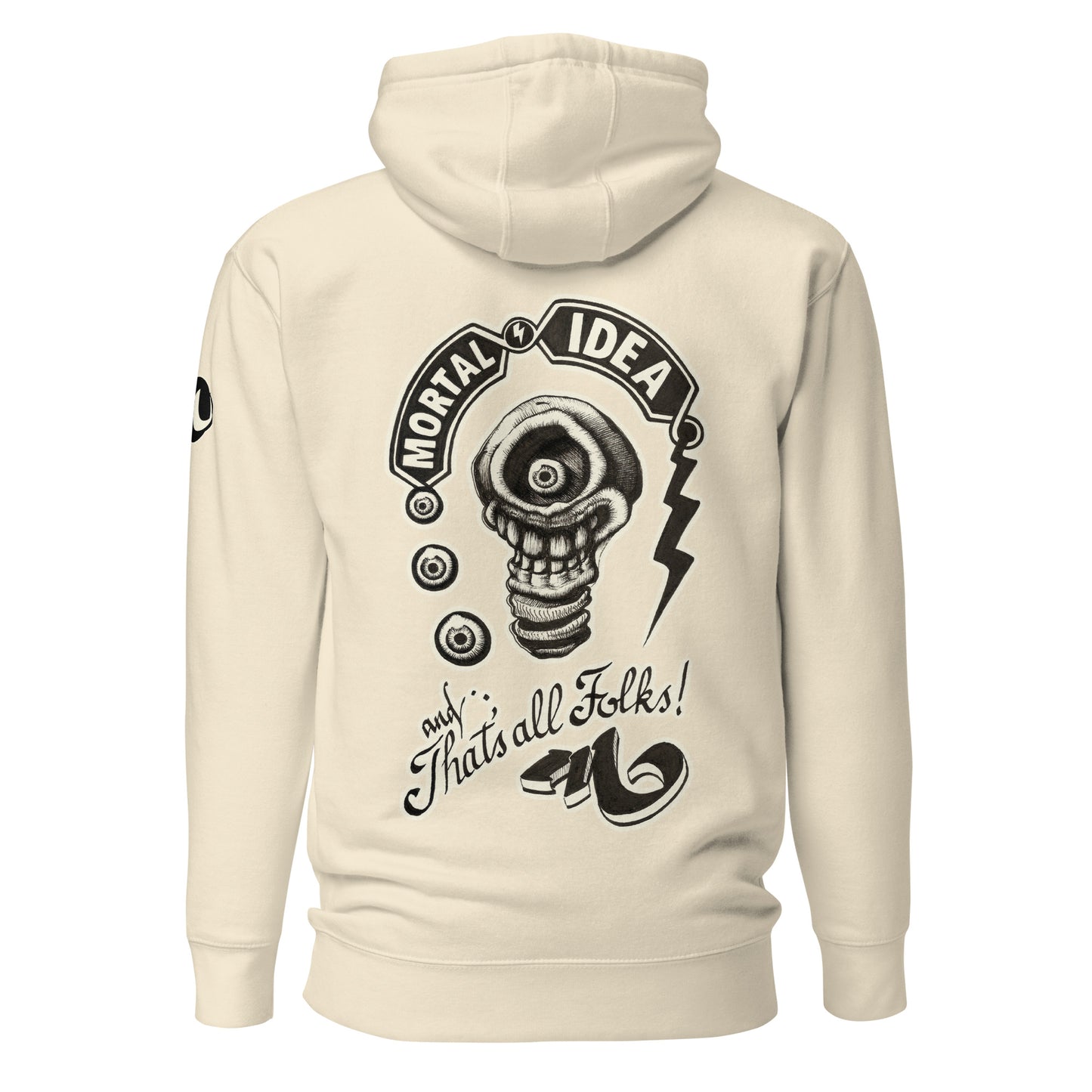 Sudadera con capucha crema con ilustración de una calavera con forma de bombilla denominada mortal idea en la espalda y la frase that's all folks
