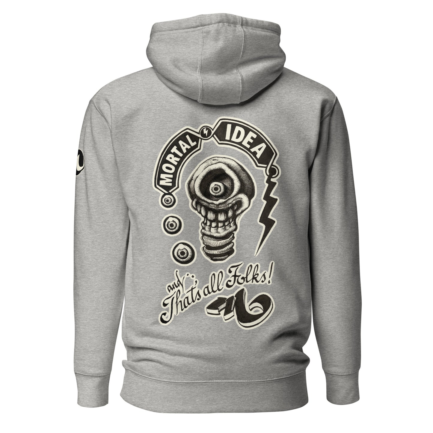 Sudadera con capucha gris con ilustración de una calavera con forma de bombilla denominada mortal idea en la espalda y la frase that's all folks