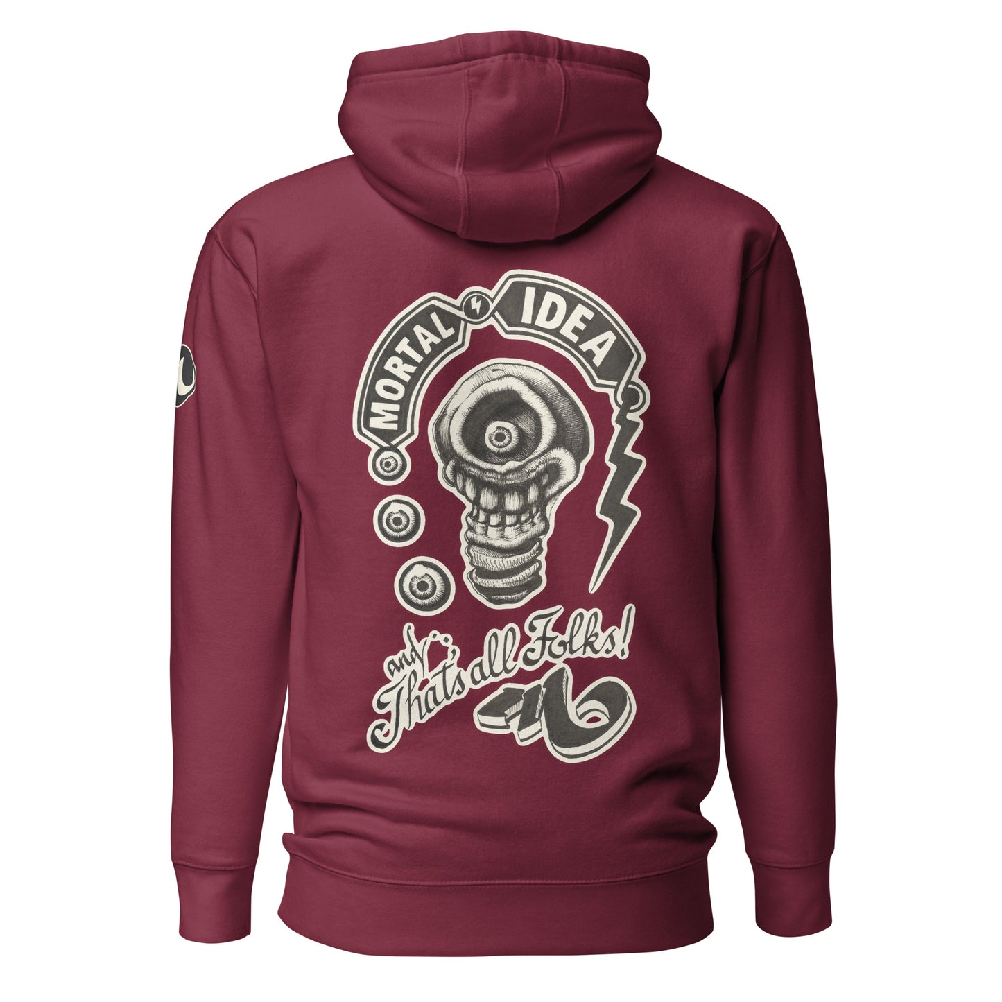 Sudadera con capucha granate con ilustración de una calavera con forma de bombilla denominada mortal idea en la espalda y la frase that's all folks