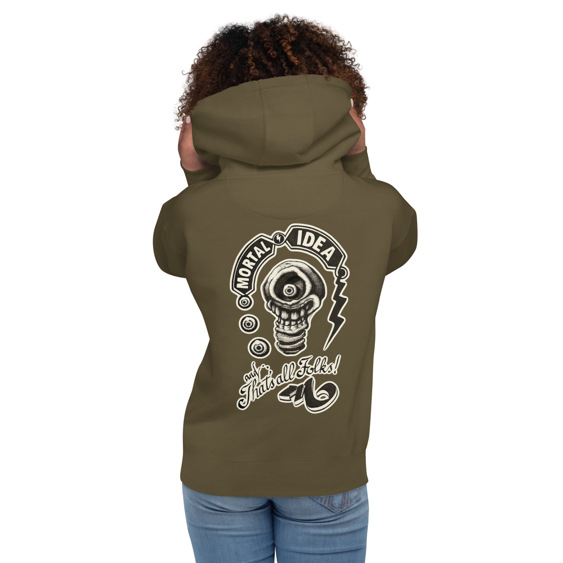 chica con sudadera con capucha verde oliva con ilustración de una calavera con forma de bombilla denominada mortal idea en la espalda y la frase that's all folks