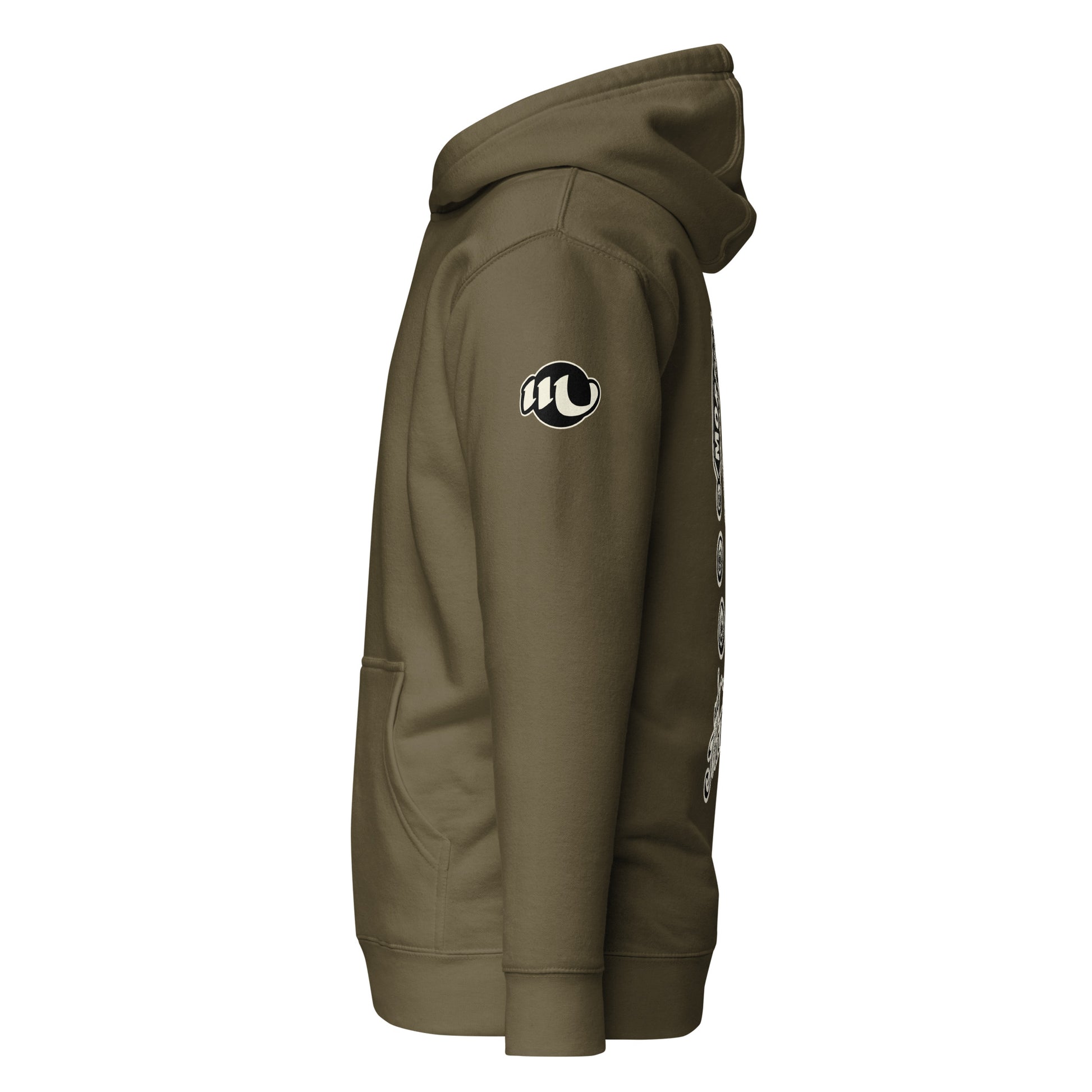 Sudadera con capucha verde oliva vista de lado y con el logo de tintaesencia.com