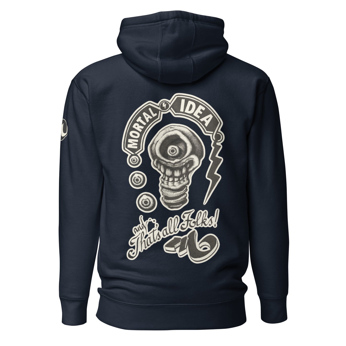 Sudadera con capucha azul marino con ilustración de una calavera con forma de bombilla denominada mortal idea en la espalda y la frase that's all folks