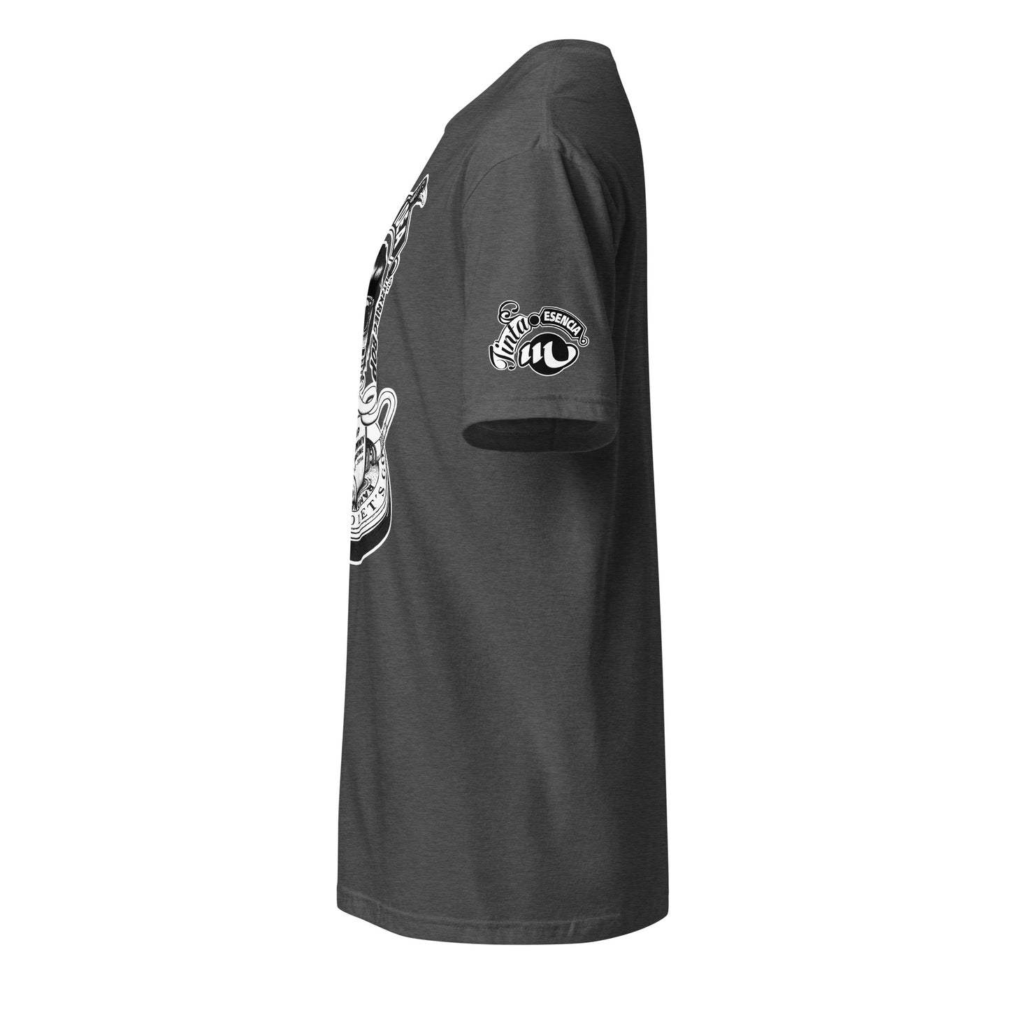 camiseta gris oscuro con ilustración a tinta de bombilla punk con elementos estelares homenaje a tommy ramone y la inscripción blitzkrieg bop y hey ho let's go 