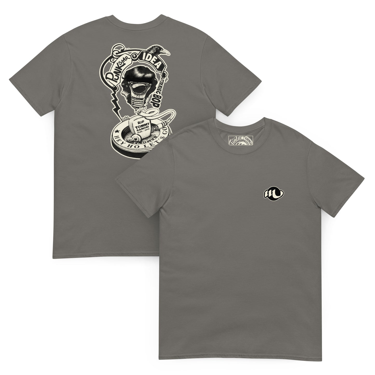 camiseta color gris oscuro de frente y de espalda con ilustración de bombilla Tommy Ramone cuervo y las letras punk star idea y hey ho let's go en la espalda