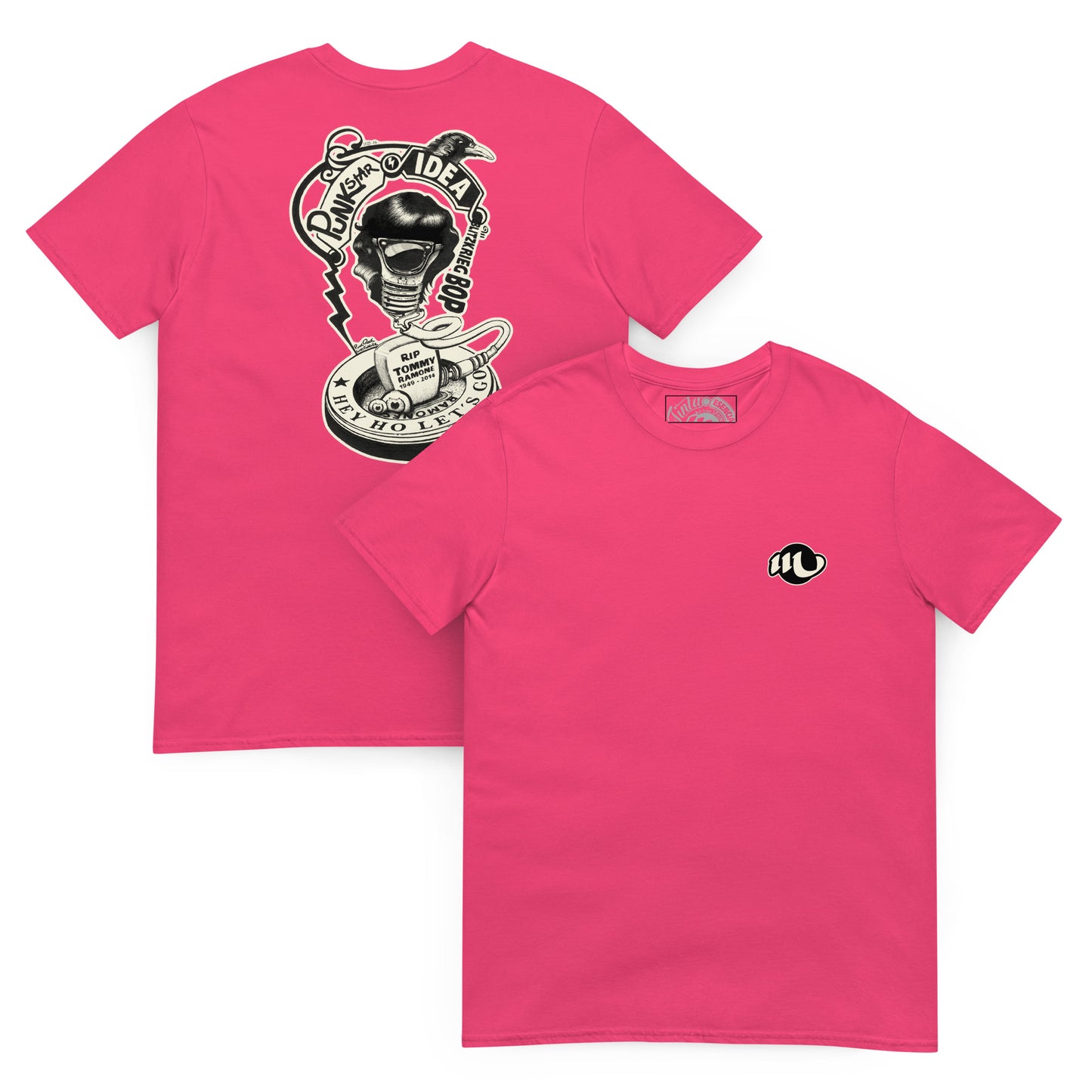 camiseta color rosa heliconia de frente y de espalda con ilustración de bombilla Tommy Ramone cuervo y las letras punk star idea y hey ho let's go en la espalda