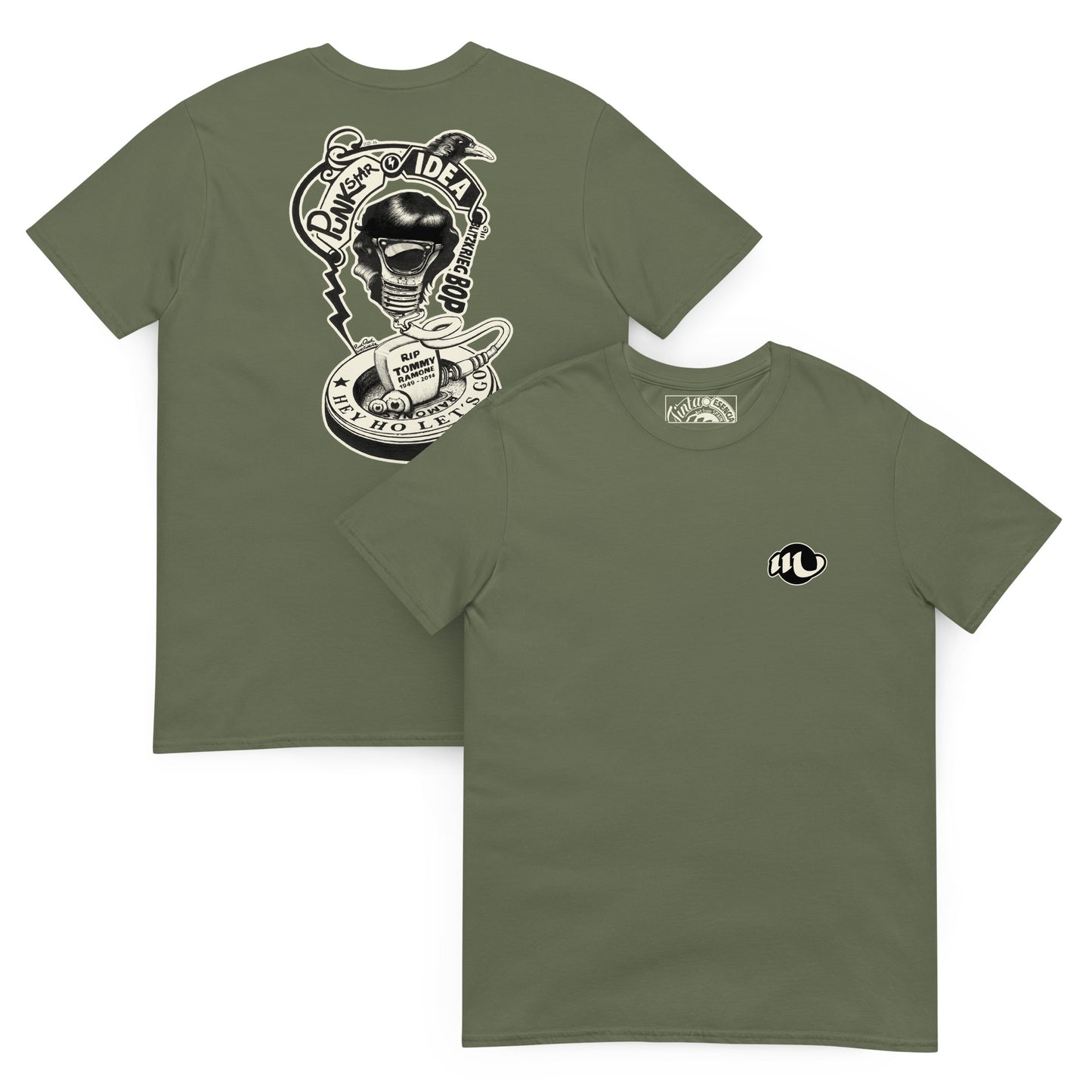 camiseta color verde militar de frente y de espalda con ilustración de bombilla Tommy Ramone cuervo y las letras punk star idea y hey ho let's go en la espalda