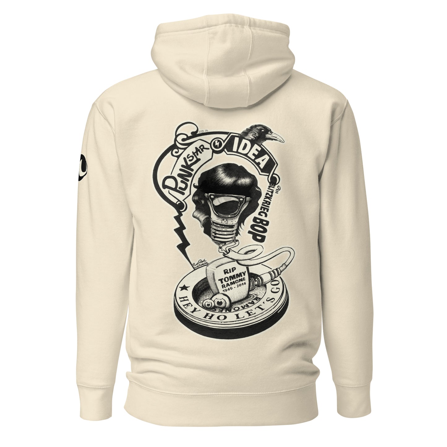 Sudadera con capucha crema con ilustración de bombilla Tommy Ramone cuervo y las letras punk star idea en la espalda
