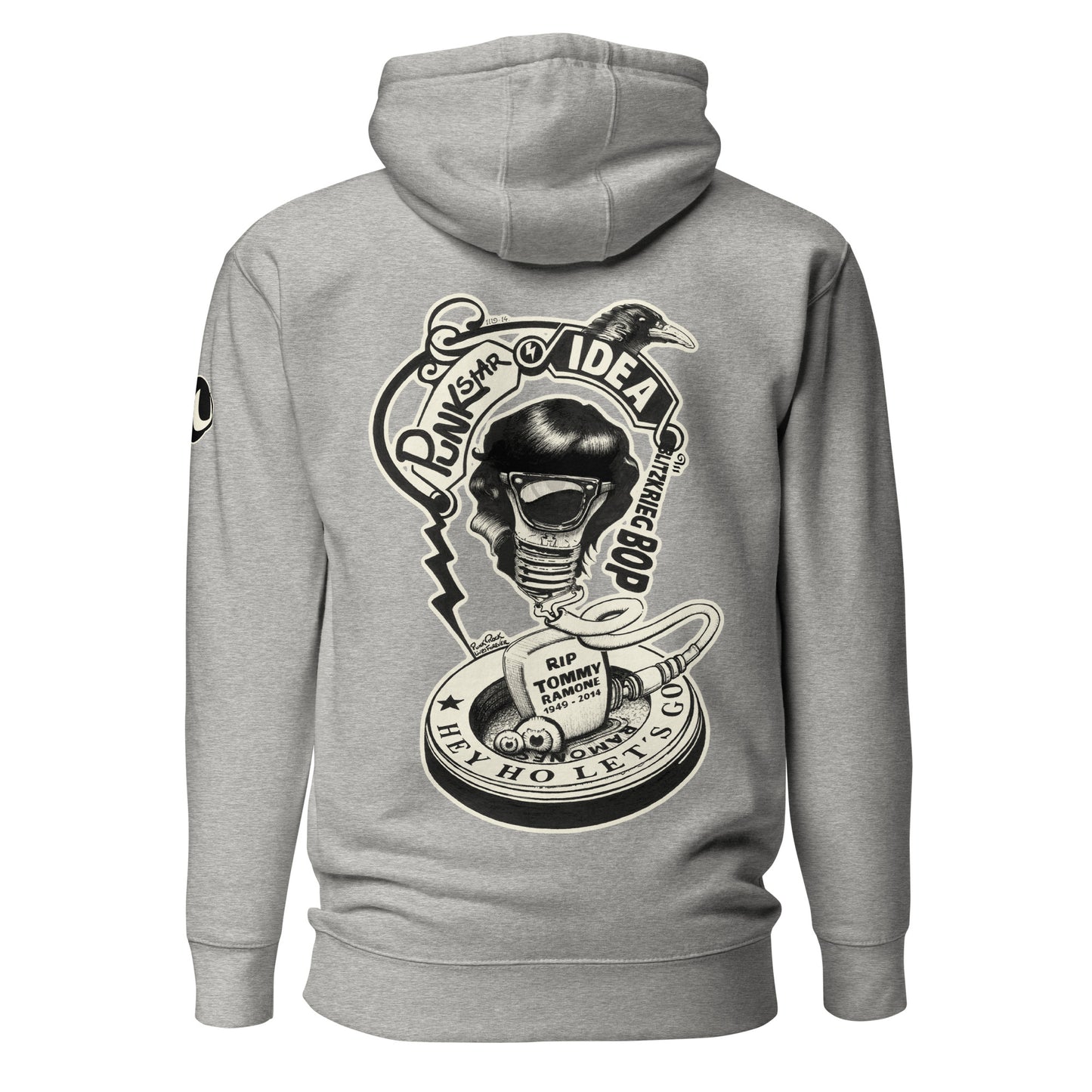 Sudadera con capucha gris con ilustración de bombilla Tommy Ramone cuervo y las letras punk star idea en la espalda