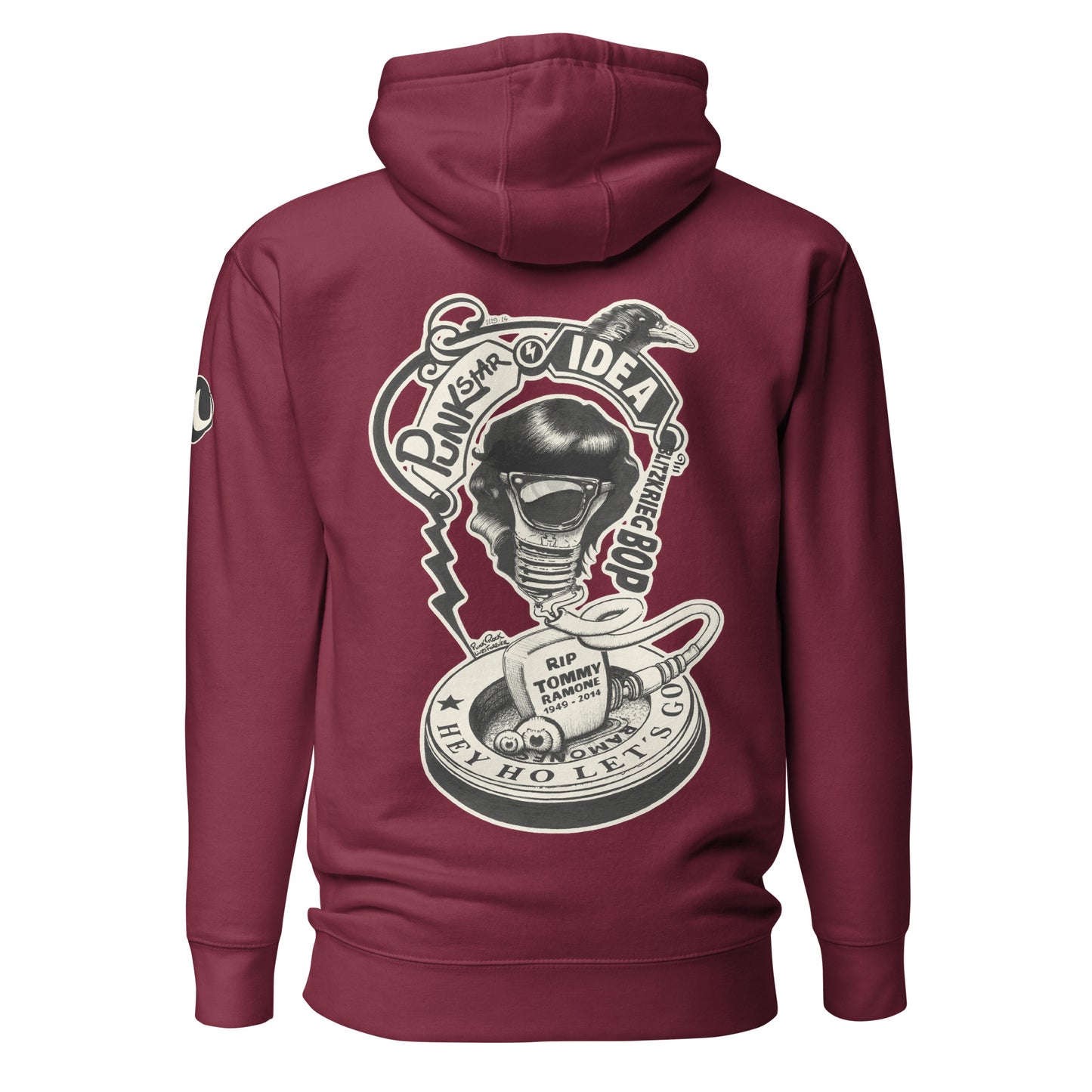Sudadera con capucha granate con ilustración de bombilla Tommy Ramone cuervo y las letras punk star idea en la espalda