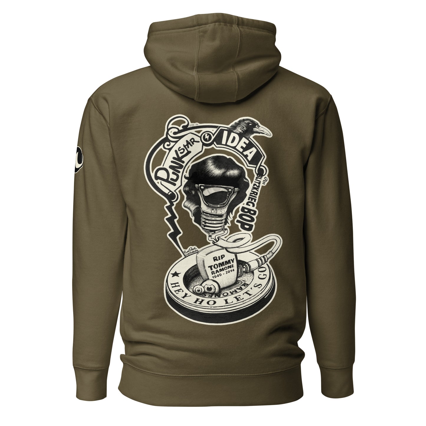 Sudadera con capucha verde oliva con ilustración de bombilla Tommy Ramone cuervo y las letras punk star idea en la espalda