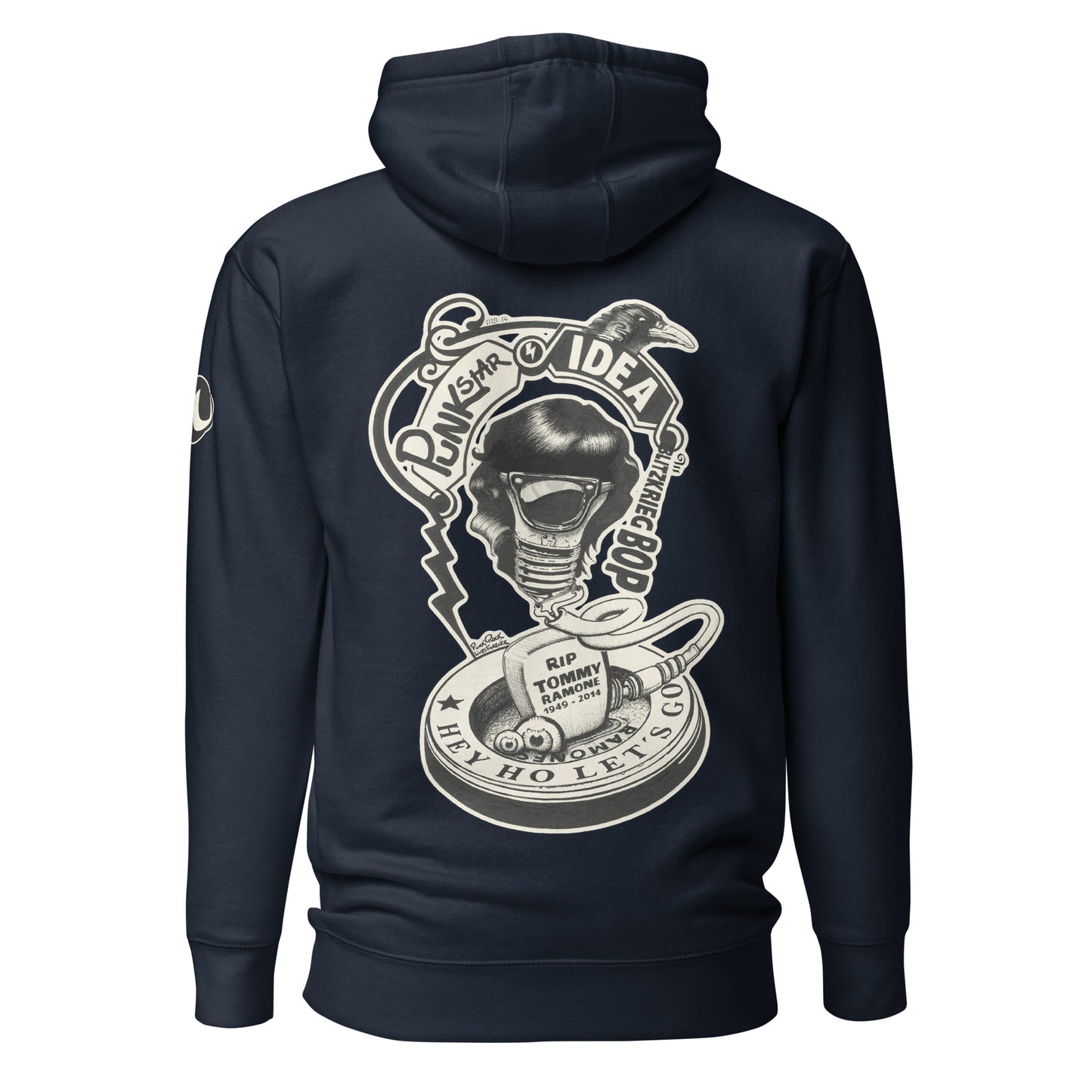 Sudadera con capucha azul marino con ilustración de bombilla Tommy Ramone cuervo y las letras punk star idea en la espalda