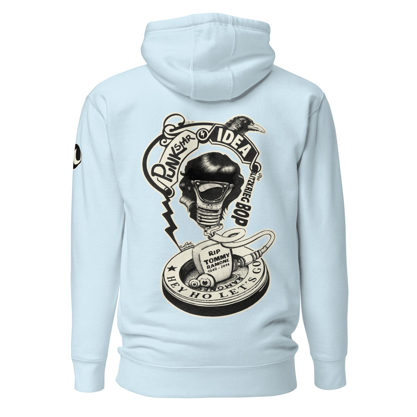 Sudadera con capucha azul celeste con ilustración de bombilla Tommy Ramone cuervo y las letras punk star idea en la espalda