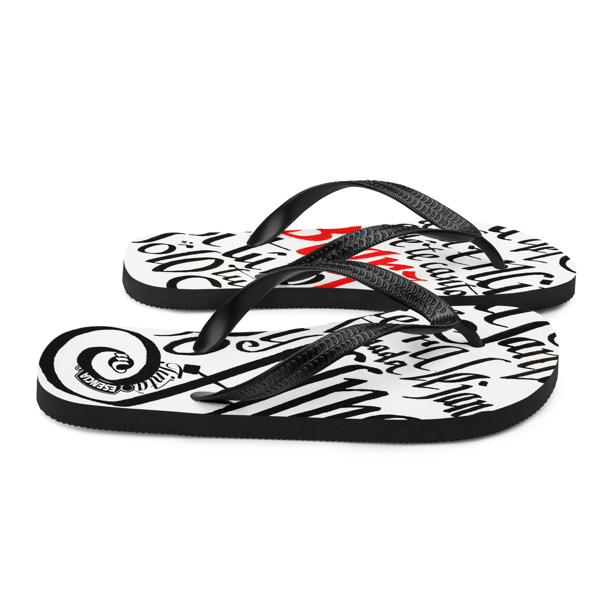 Letra de la canción de Miguel Guerrero : Bierzo tierra lejana. letras caligráficas, negras y palabra Bierzo en rojo, ilustradas en sandalias Flip flop blancas con tiras de color negro.