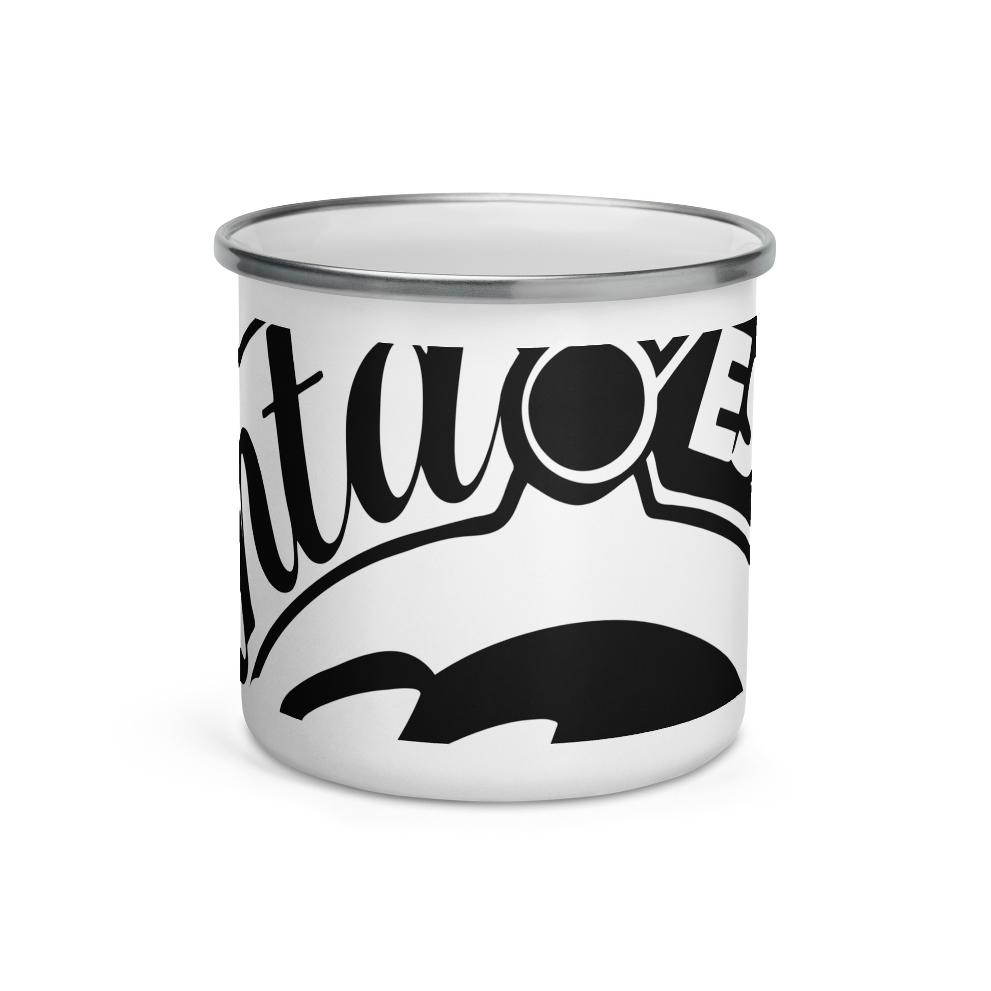 taza esmaltada de color blanco con el logo de la marca registrada tinta esencia impreso en negro