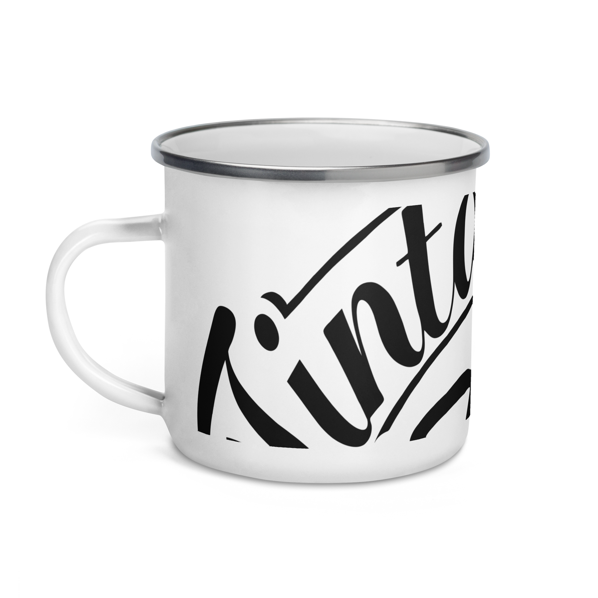 taza esmaltada de color blanco con el logo de la marca registrada tinta esencia impreso en negro