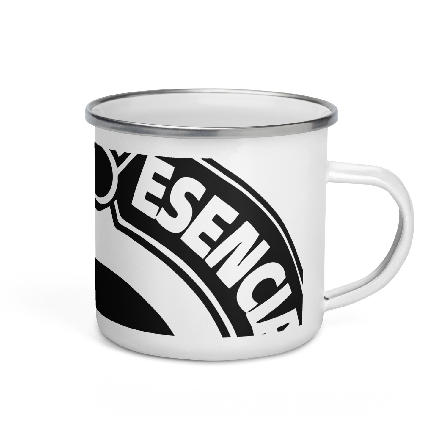 taza esmaltada de color blanco con el logo de la marca registrada tinta esencia impreso en negro