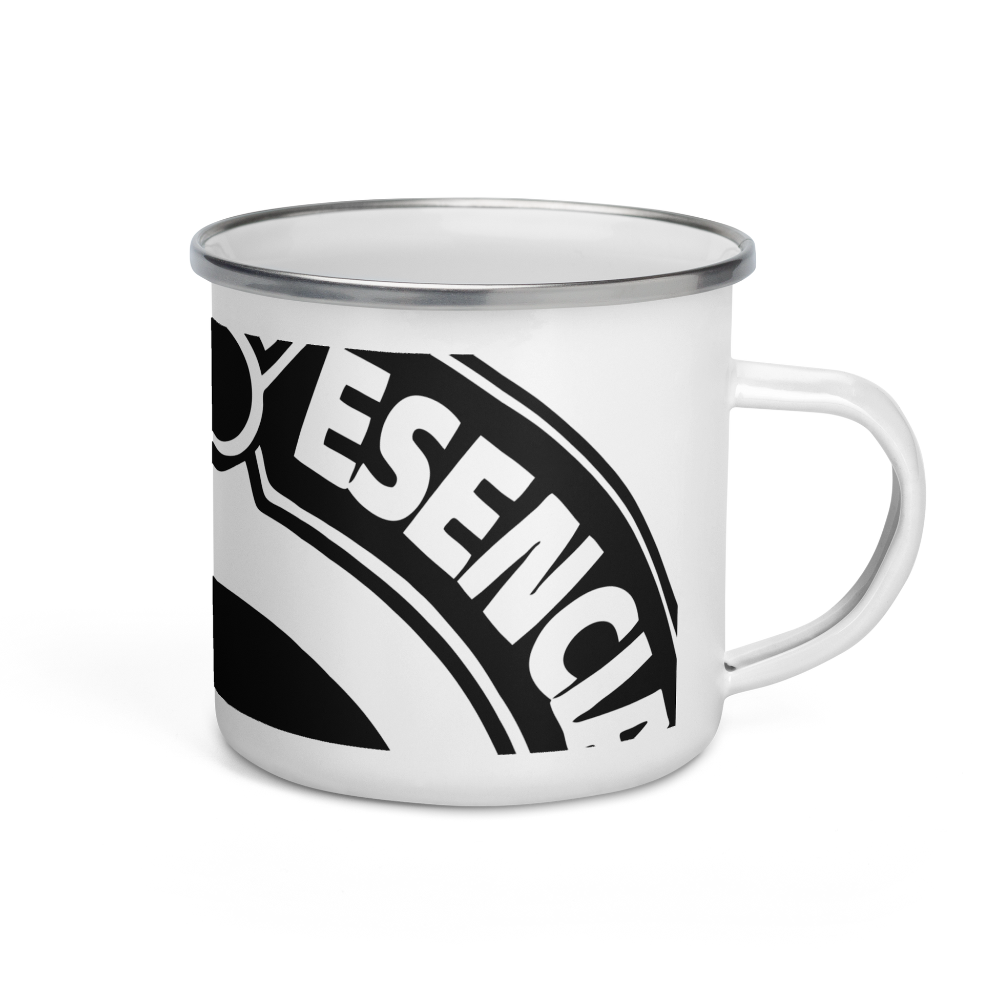 taza esmaltada de color blanco con el logo de la marca registrada tinta esencia impreso en negro