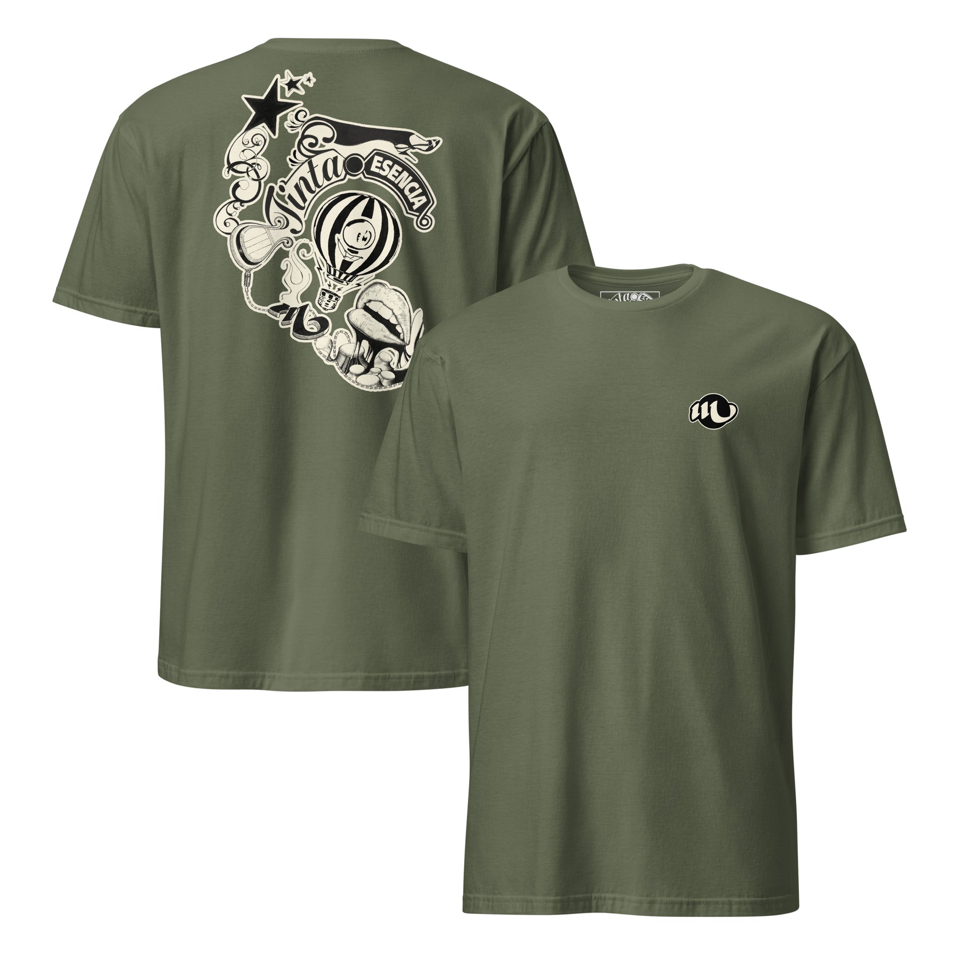 Camiseta con logo en la parte frontal y detrás ilustración de Miguel Guerrero a tinta integrada por una bombilla una boca el logo de tinta esencia y unas estrellas